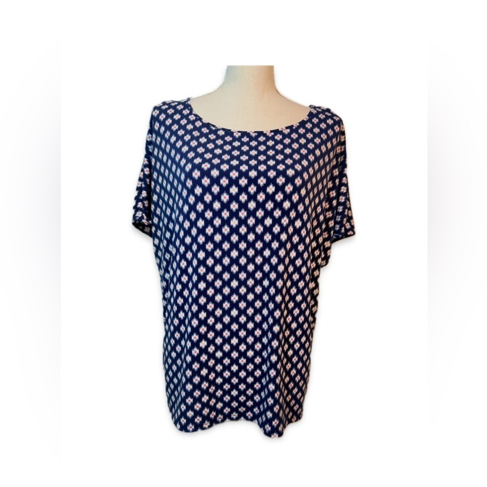 MICHAEL Michael Kors XL Navy Red White Print Popover Blouse Short Sleeve